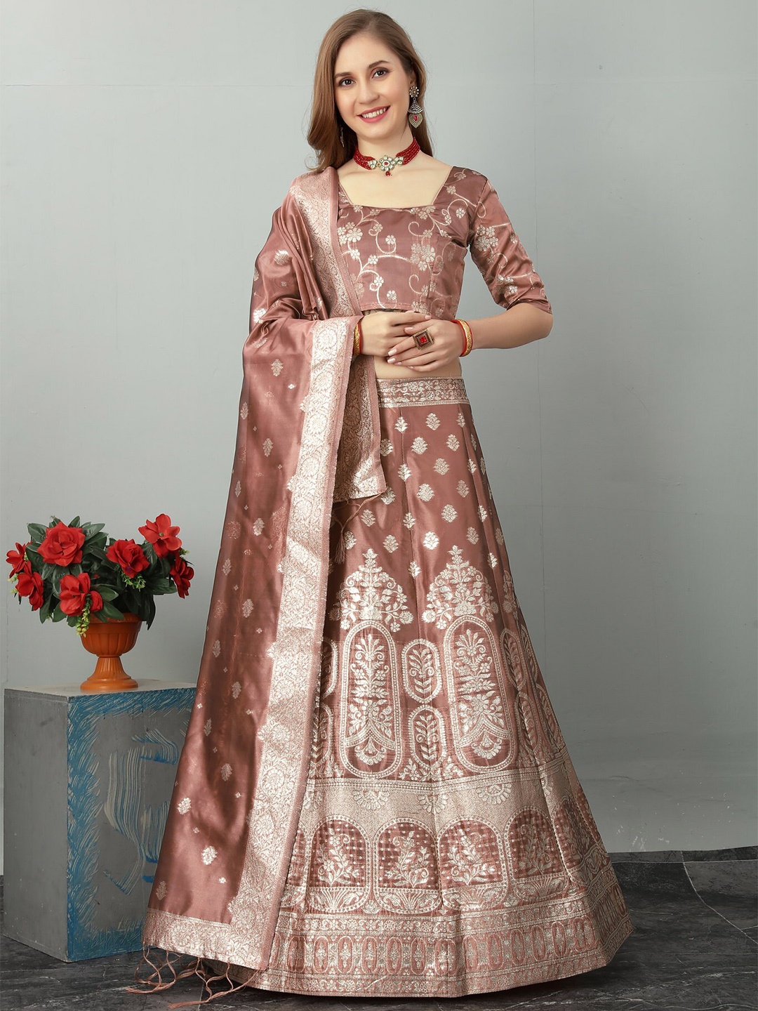 

JATRIQQ Woven Design Semi-Stitched Lehenga & Unstitched Blouse With Dupatta, Brown