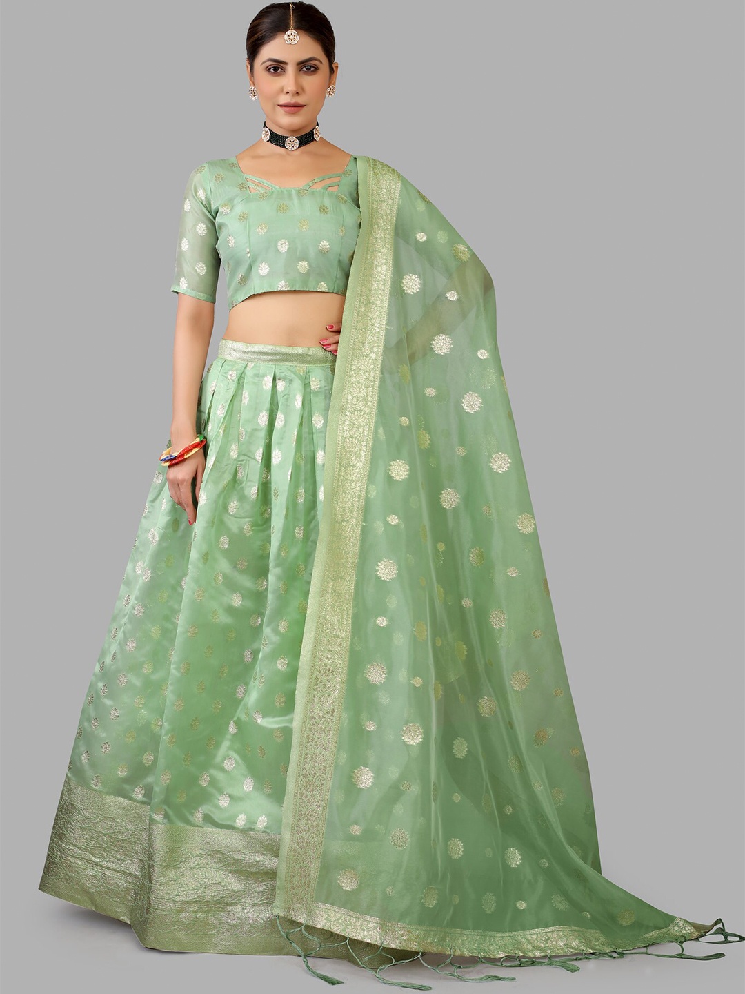 

JATRIQQ Woven Design Semi-Stitched Lehenga & Unstitched Blouse With Dupatta, Sea green