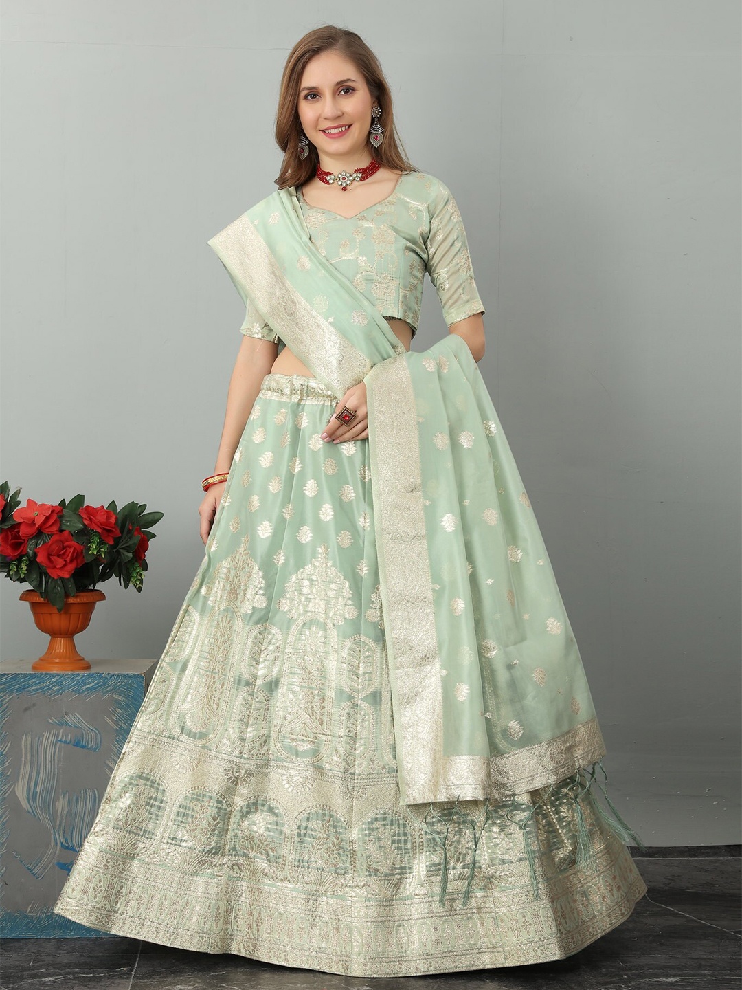 

JATRIQQ Woven Design Semi-Stitched Lehenga & Unstitched Blouse With Dupatta, Sea green