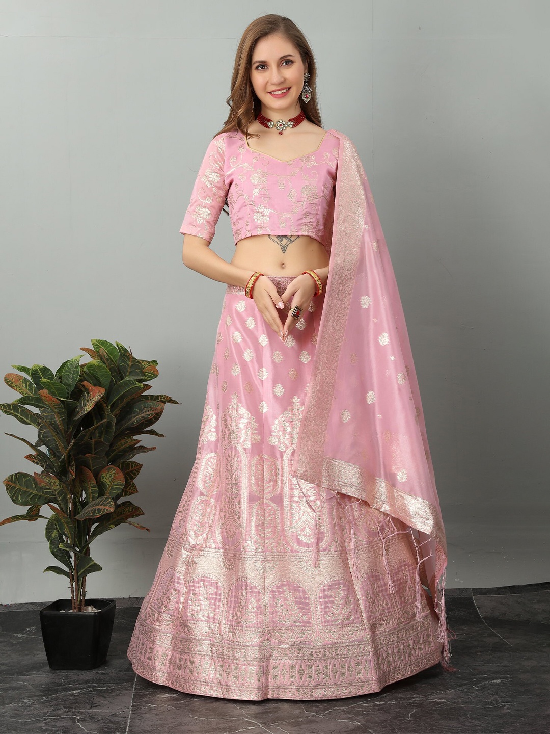 

JATRIQQ Woven Design Semi-Stitched Lehenga & Unstitched Blouse With Dupatta, Pink
