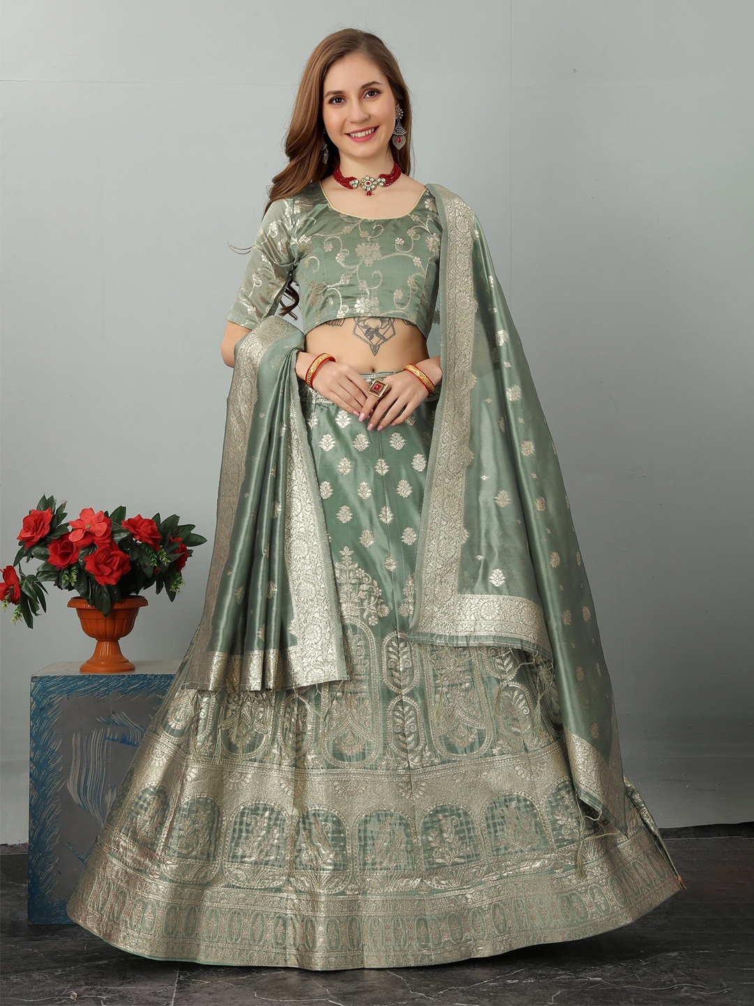 

JATRIQQ Woven Design Semi-Stitched Lehenga & Unstitched Blouse With Dupatta, Olive