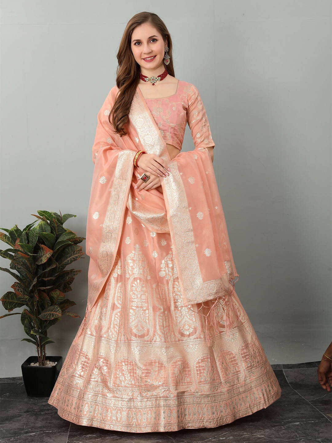 

JATRIQQ Woven Design Semi-Stitched Lehenga & Unstitched Blouse With Dupatta, Peach