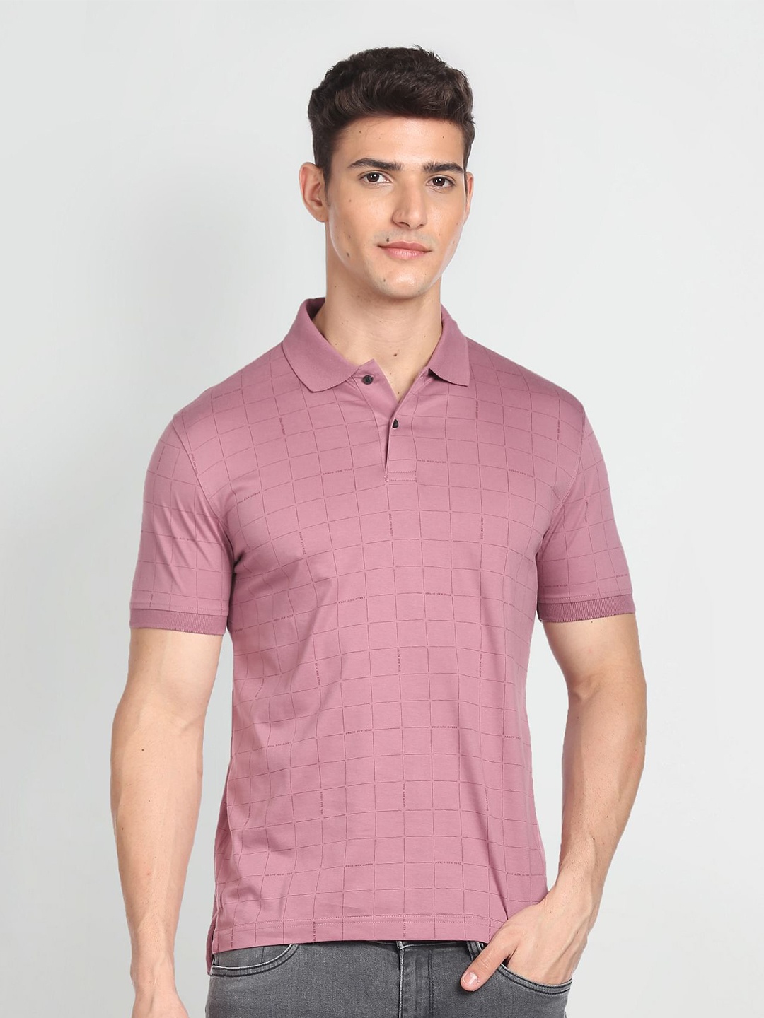 Arrow New York Checked Polo Collar Pure Cotton T-Shirt, Pink