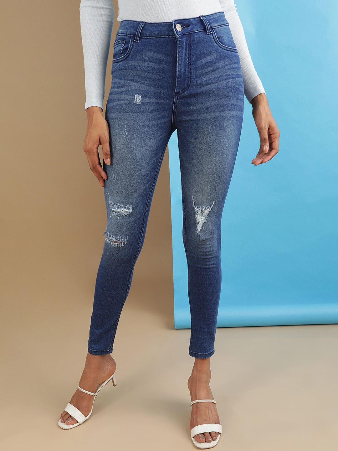 

Freehand by The Indian Garage Co Women Super Skinny Fit Distressed Stretchable Jeans, Blue