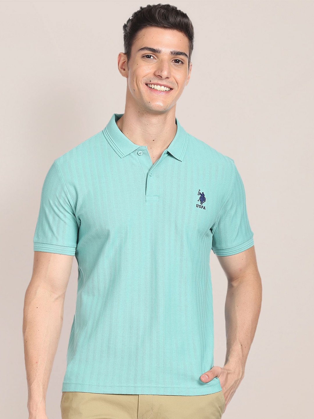 

U.S. Polo Assn. Self Design Polo Collar Pure Cotton T-shirt, Turquoise blue