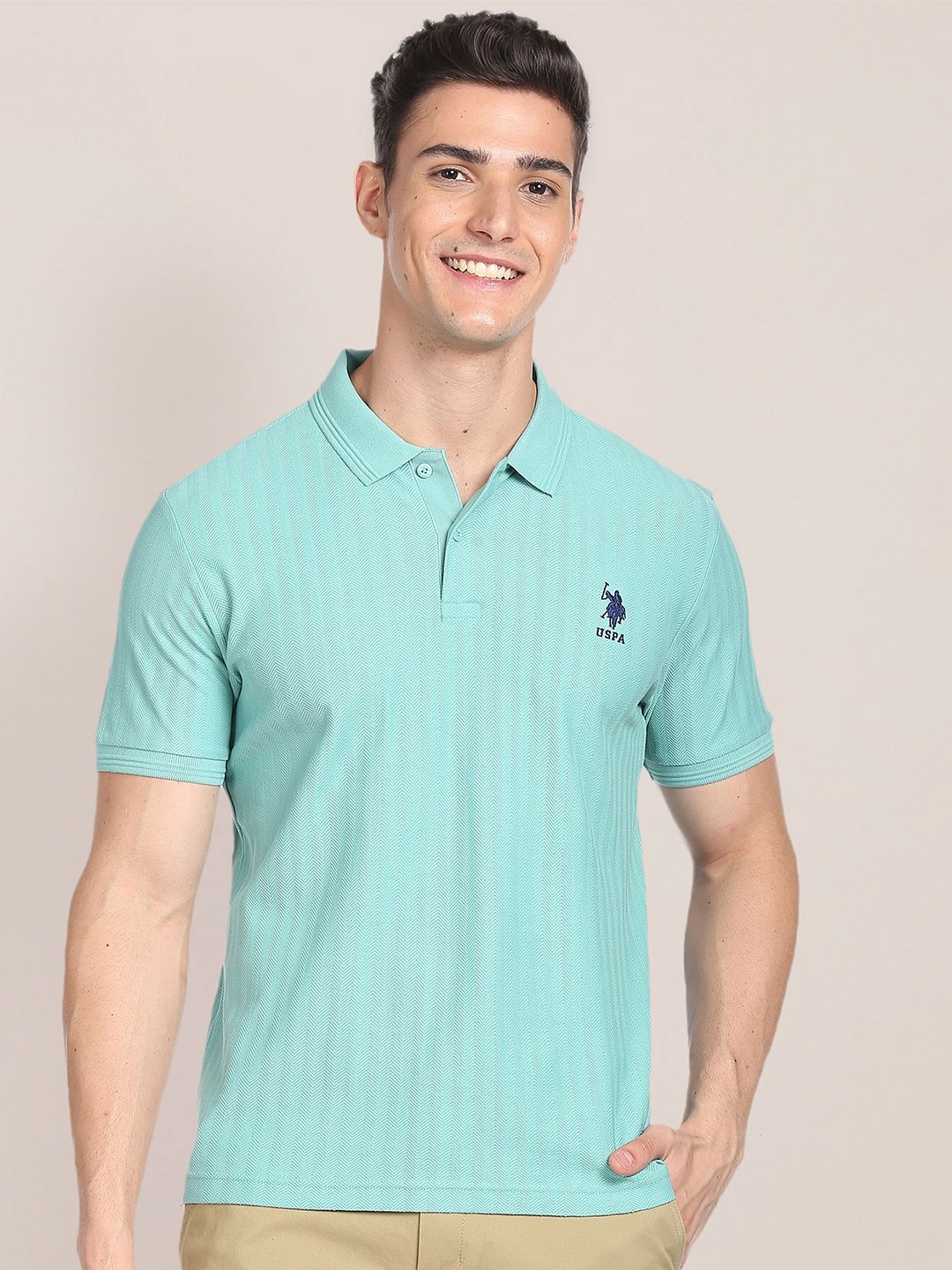 

U.S. Polo Assn. Self Design Polo Collar Pure Cotton T-shirt, Turquoise blue