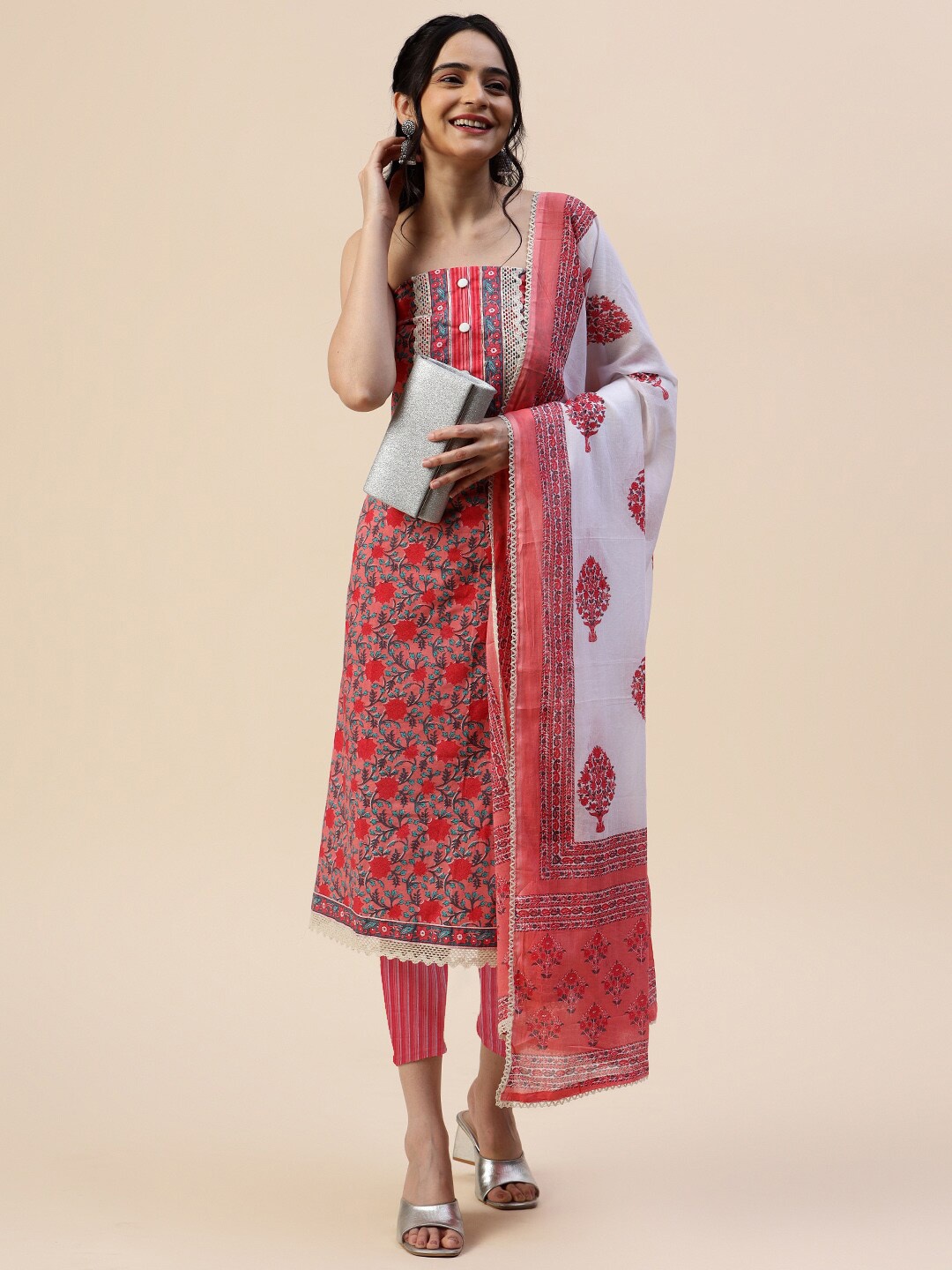 

Meena Bazaar Floral Printed Unstitched Dress Material, Coral