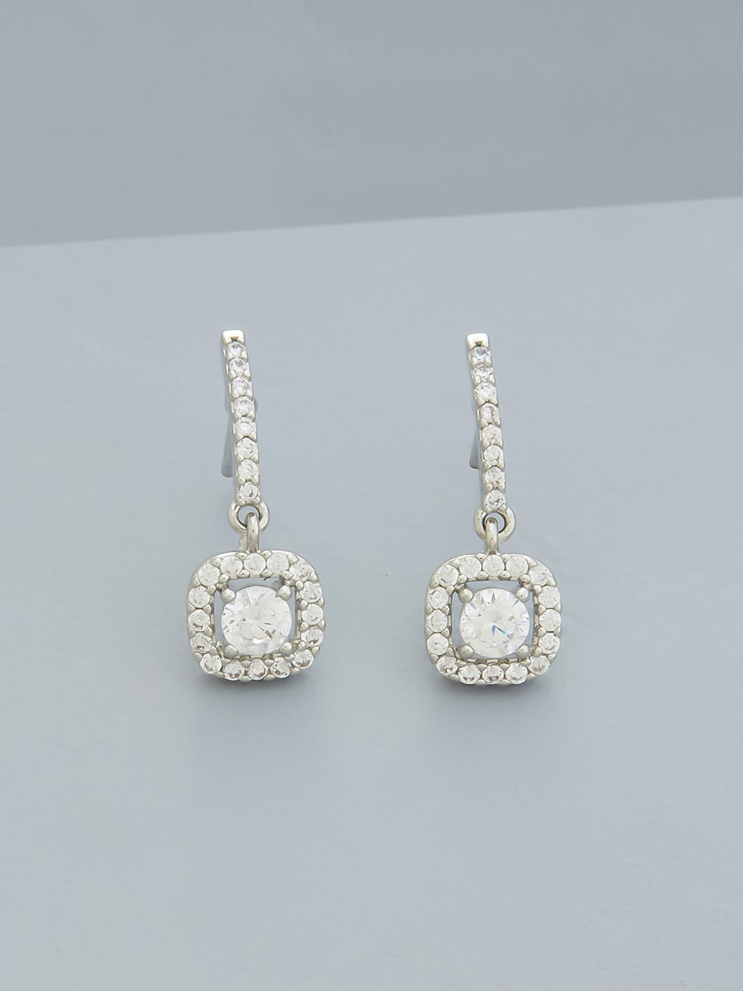 

Kushal's Fashion Jewellery Rhodium Plated CZ Studded Square Drop Earrings, Silver