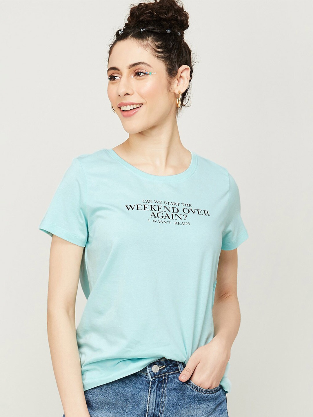 

Fame Forever by Lifestyle Typography Printed Cotton Top, Turquoise blue