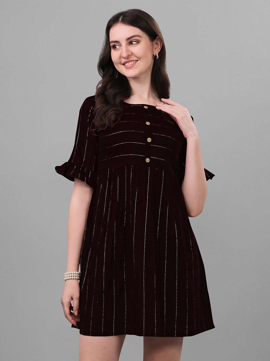 

Shiv Textiles Striped Bell Sleeve Cotton A-Line Dress, Black