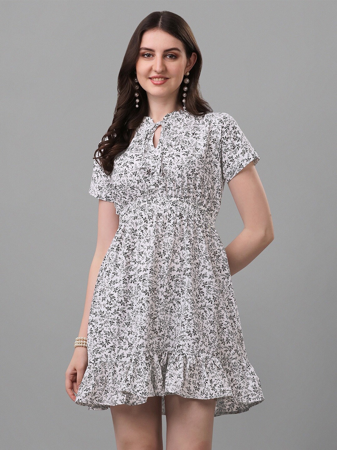 

Shiv Textiles Floral Printed Tie Up Neck Cotton A-Line Dress, Black