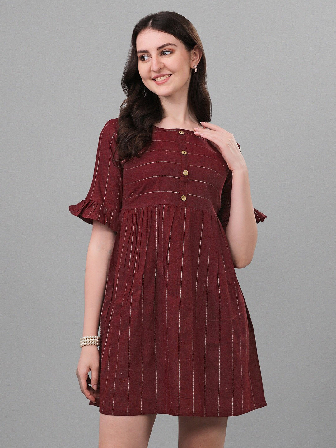 

Shiv Textiles Striped Bell Sleeves Cotton A-Line Dress, Maroon