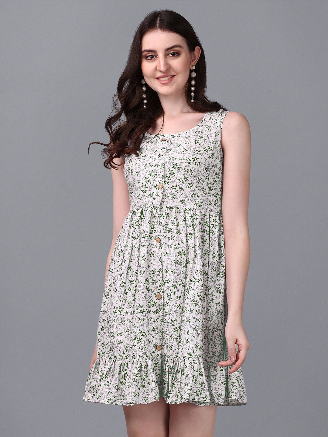

Shiv Textiles Floral Printed Cotton Fit & Flare Dress, Green