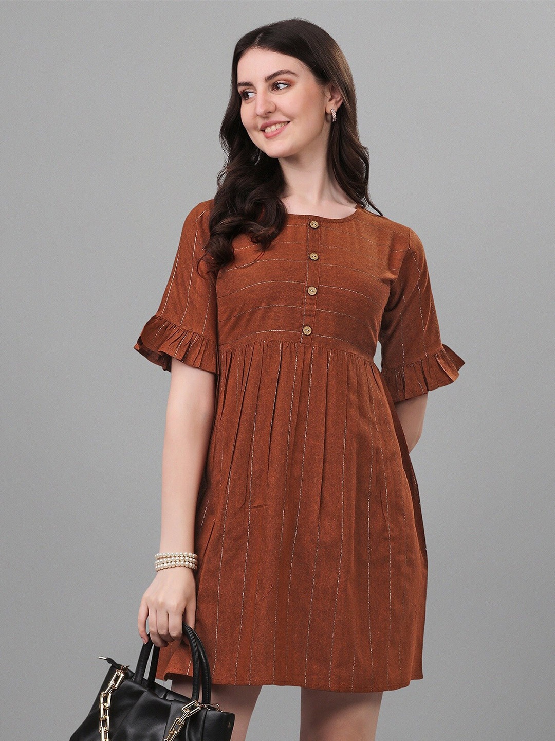 

Shiv Textiles Striped Bell Sleeve Cotton Fit and Flare Dress, Orange