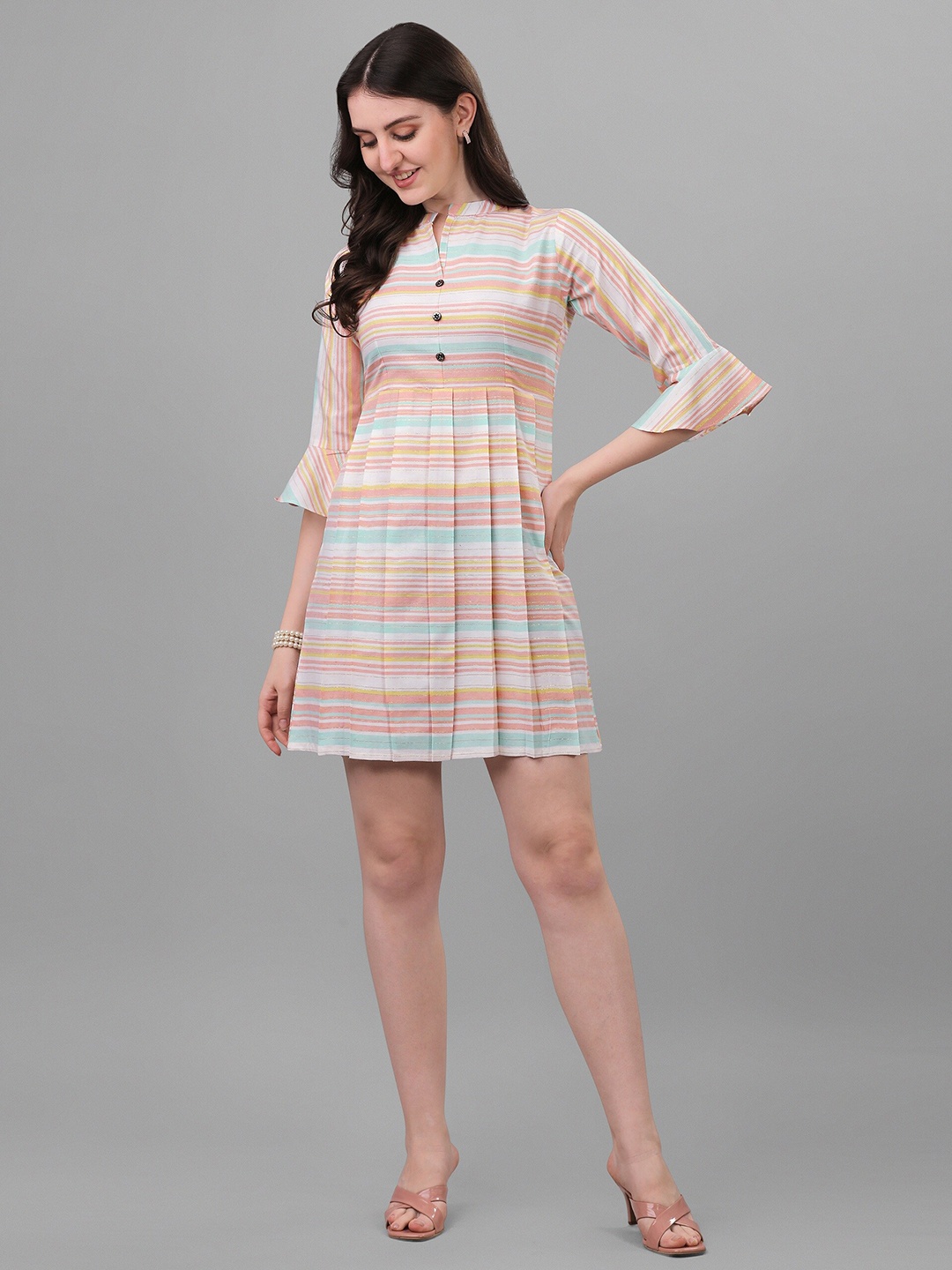 

Shiv Textiles Striped Bell Sleeve Cotton A-Line Dress, Sea green