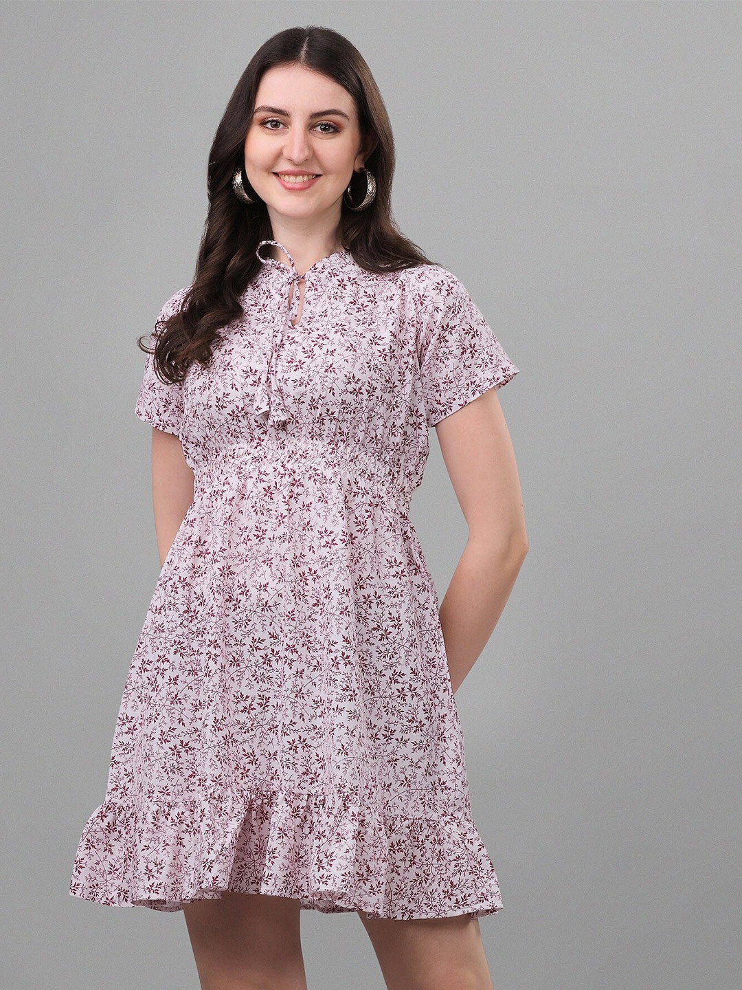 

Shiv Textiles Floral Printed Tie Up Neck Cotton A-Line Dress, Maroon