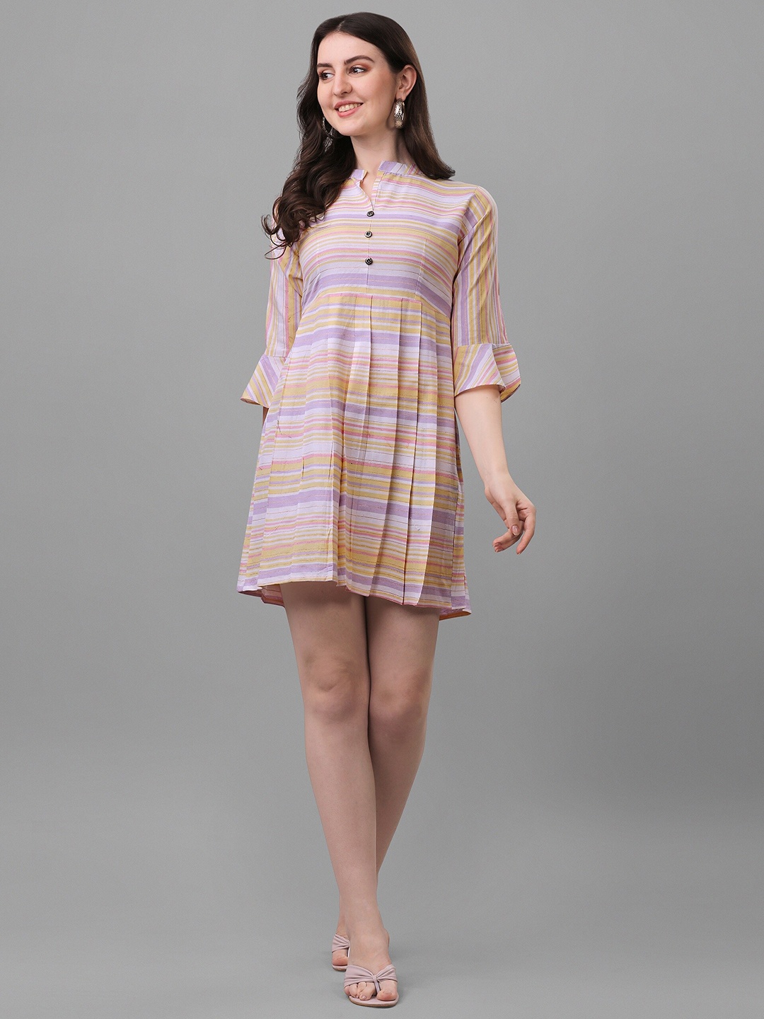 

Shiv Textiles Striped Bell Sleeve Cotton A-Line Dress, Lavender
