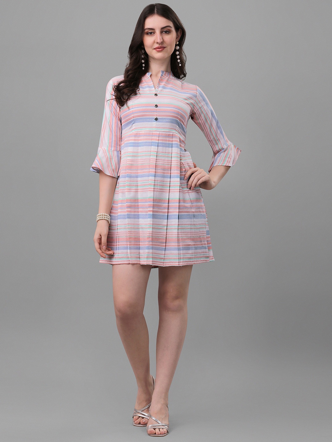 

Shiv Textiles Striped Bell Sleeve Cotton A-Line Dress, Blue