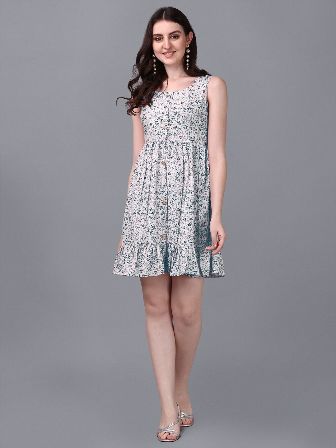 

Shiv Textiles Floral Printed Round Neck Cotton A-Line Dress, Blue