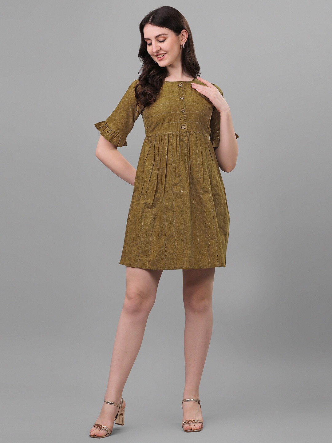 

Shiv Textiles Striped Bell Sleeves Cotton A-Line Dress, Olive