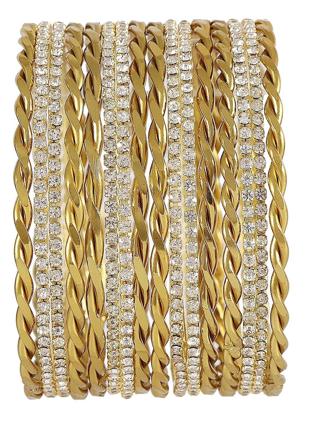 

NMII Set Of 16 Metal With Zircon Gemstone & Glossy Finished Bangle, Gold