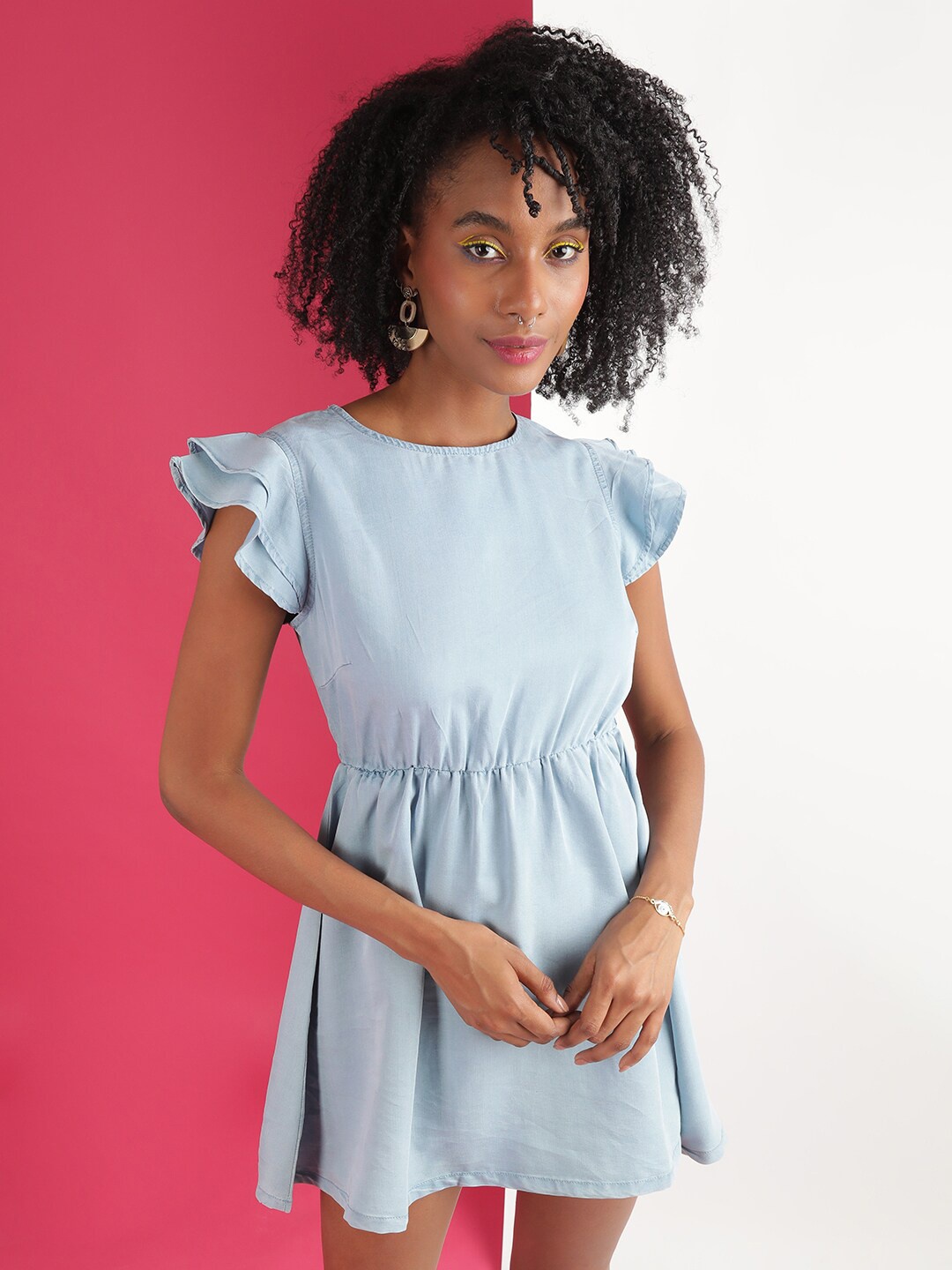 

Freehand by The Indian Garage Co Blue Flutter Sleeve Denim Fit Flare Dress