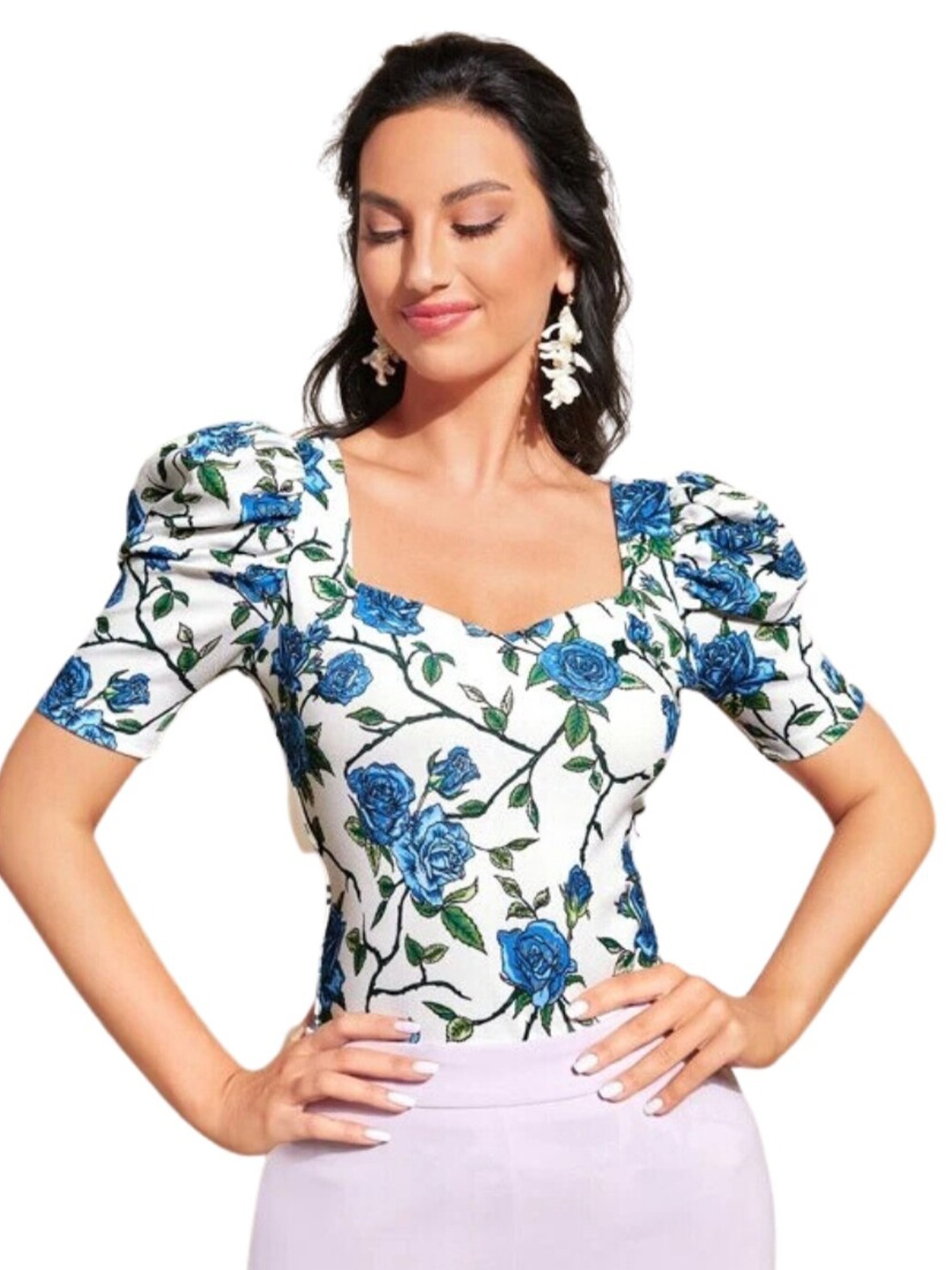 

RAJOVATI Floral Printed Sweetheart Neck Puff Sleeves Fitted Top, White