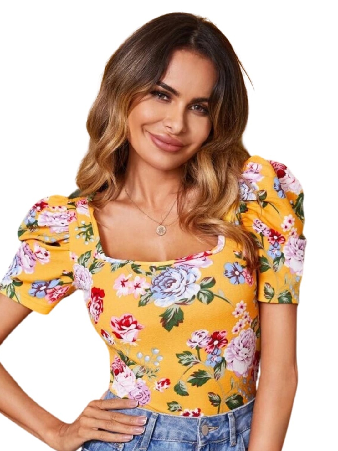 

RAJOVATI Floral Printed Puff Sleeve Top, Yellow