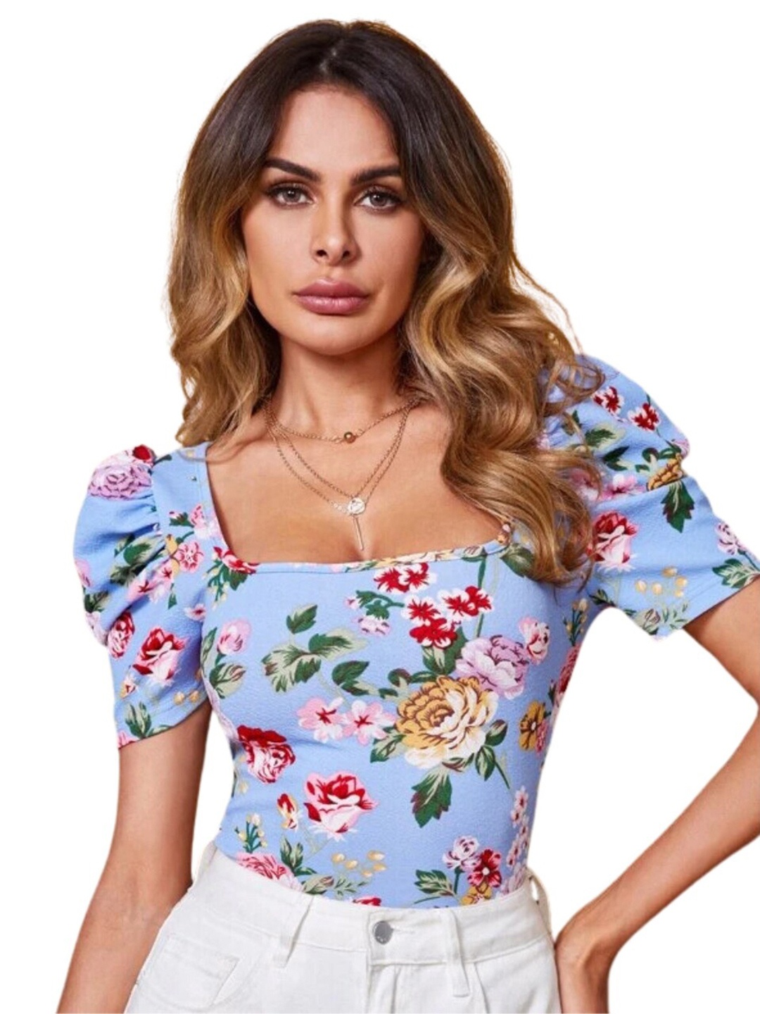 

RAJOVATI Blue Floral Printed Square Neck Puff Sleeve Regular Top