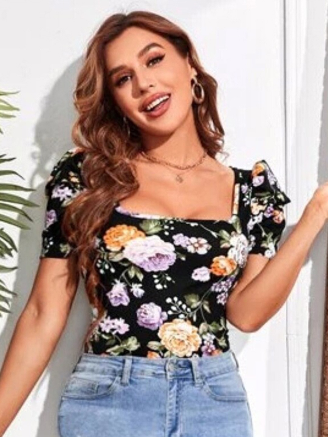 

RAJOVATI Floral Print Puff Sleeve Top, Black