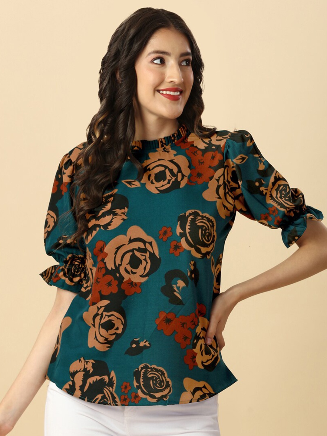 

GUFRINA Floral Printed Mandarin Collar Top, Teal