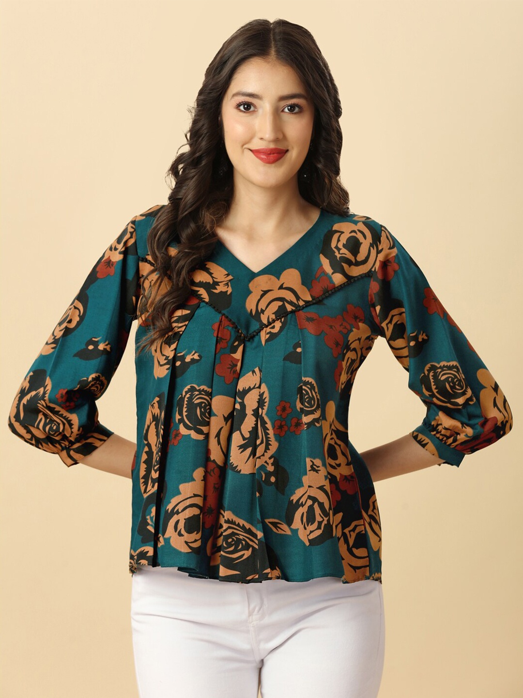 

GUFRINA Floral Printed V-Neck Top, Teal