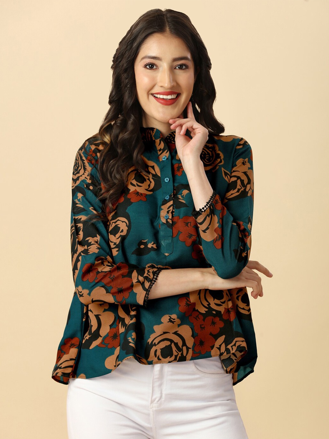 

GUFRINA Floral Printed Band Collar Top, Teal