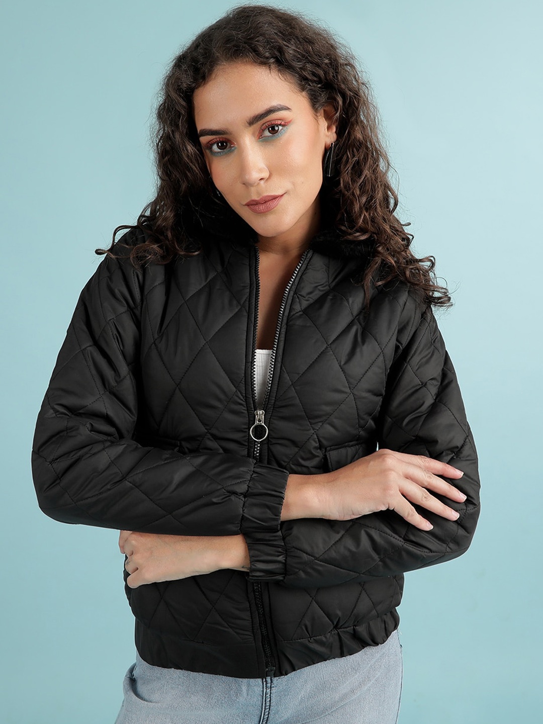 

Freehand by The Indian Garage Co Women Black Quilted Jacket With Zip Detail
