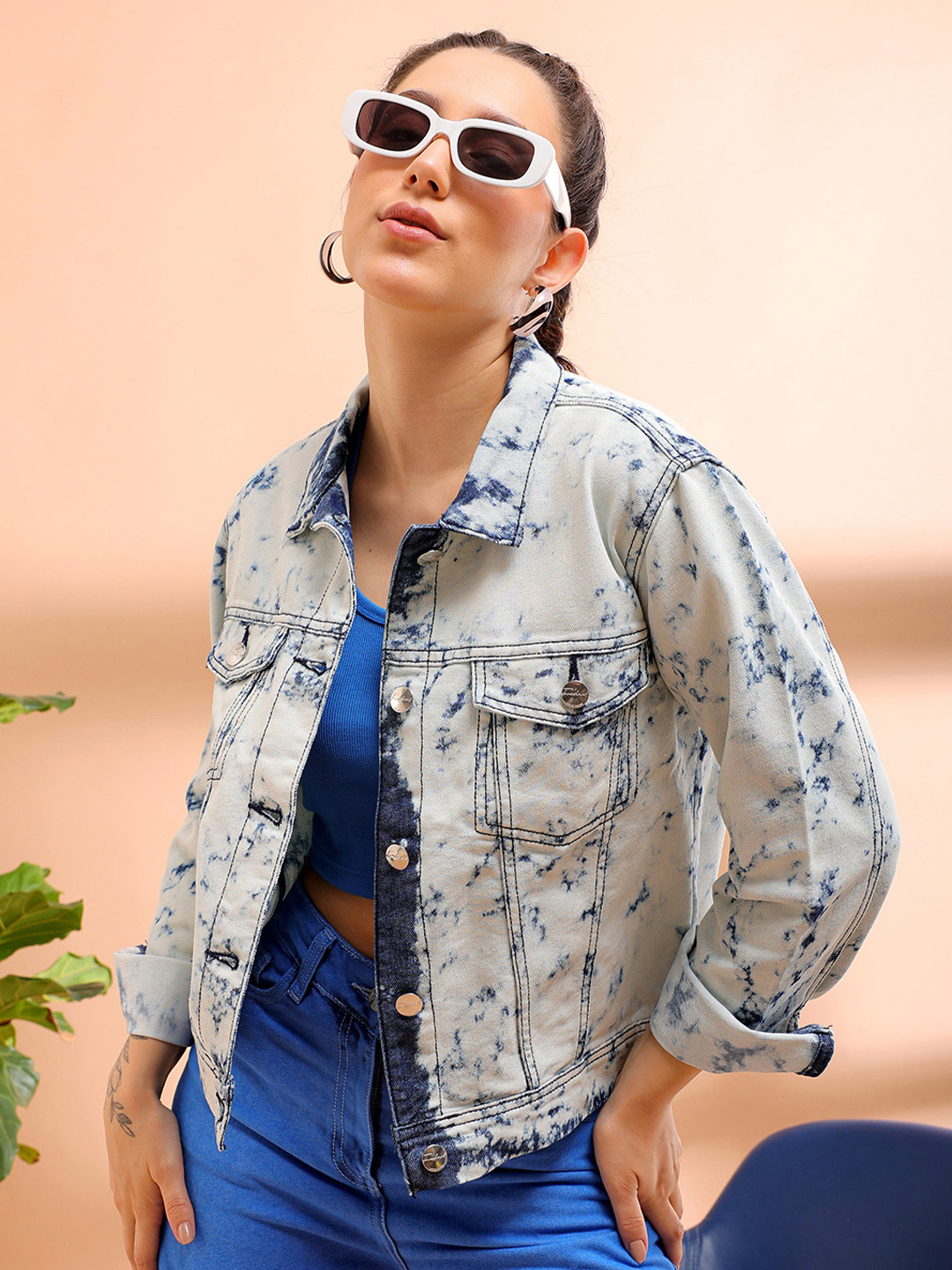 

Freehand by The Indian Garage Co Women White Dyed Washed Denim Jacket
