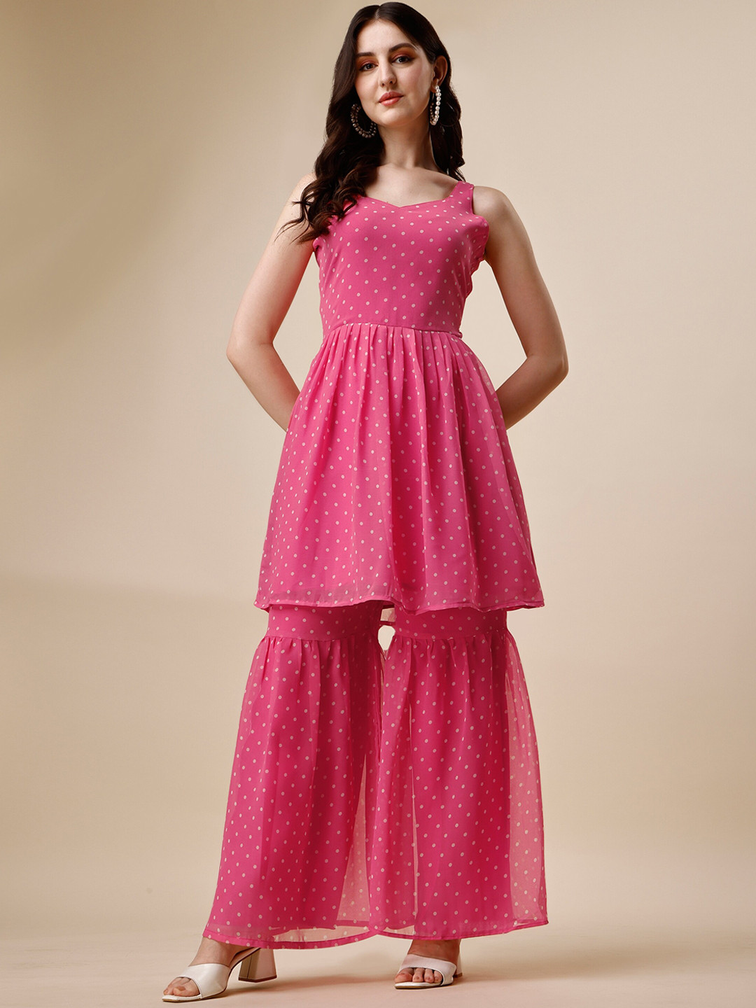 

Vaidehi Fashion Polka Dots Printed Regular Kurti With Sharara, Pink