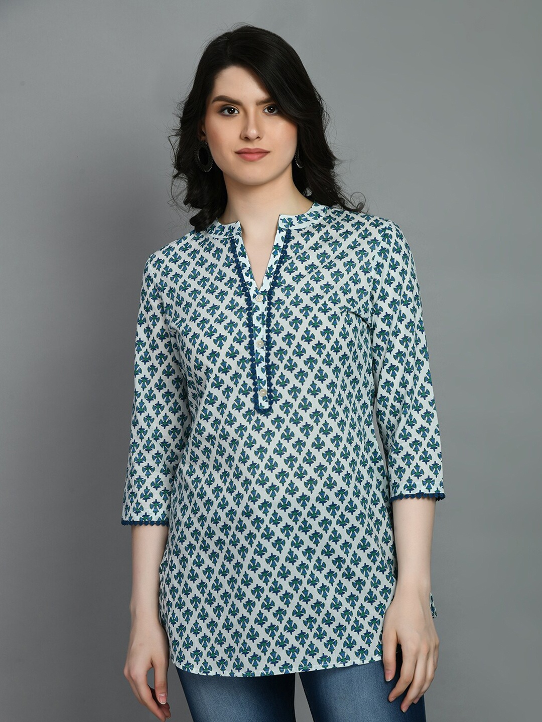 

MEESAN Mandarin Collar Ethnic Printed Cotton Kurti, White