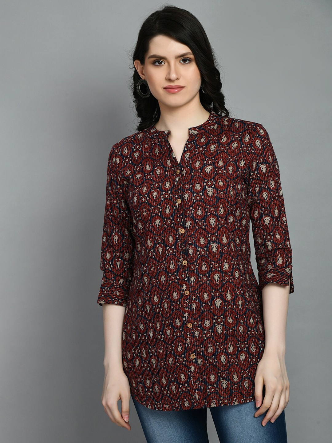 MEESAN Mandarin Collar Printed Cotton Kurti, Maroon
