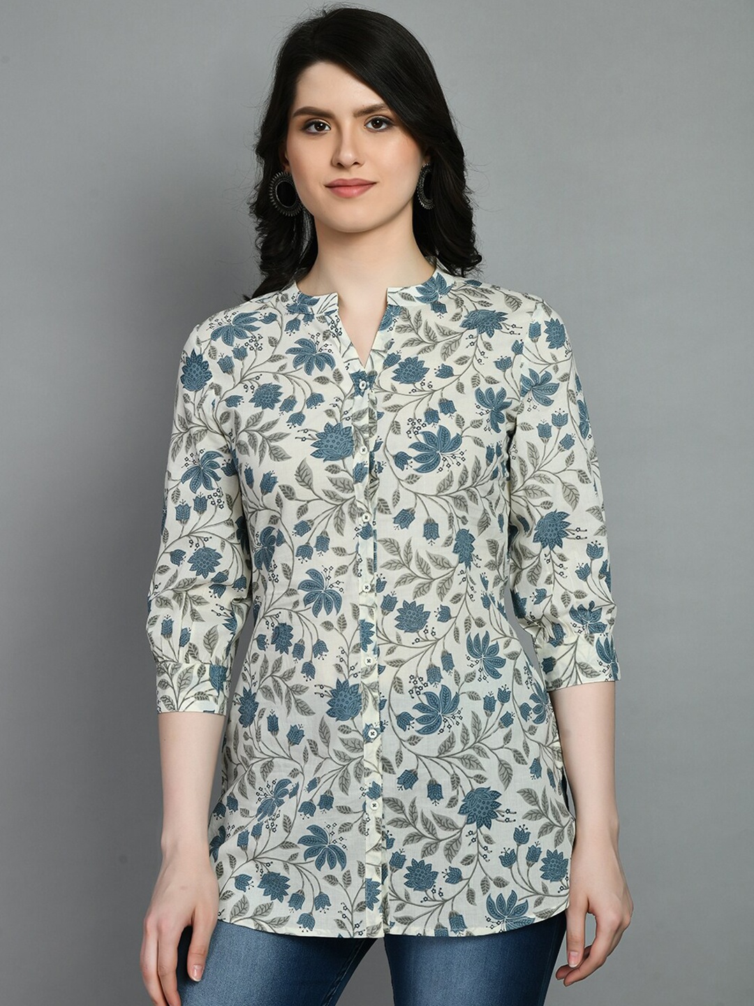 

MEESAN Mandarin Collar Floral Printed Cotton Kurti, Blue