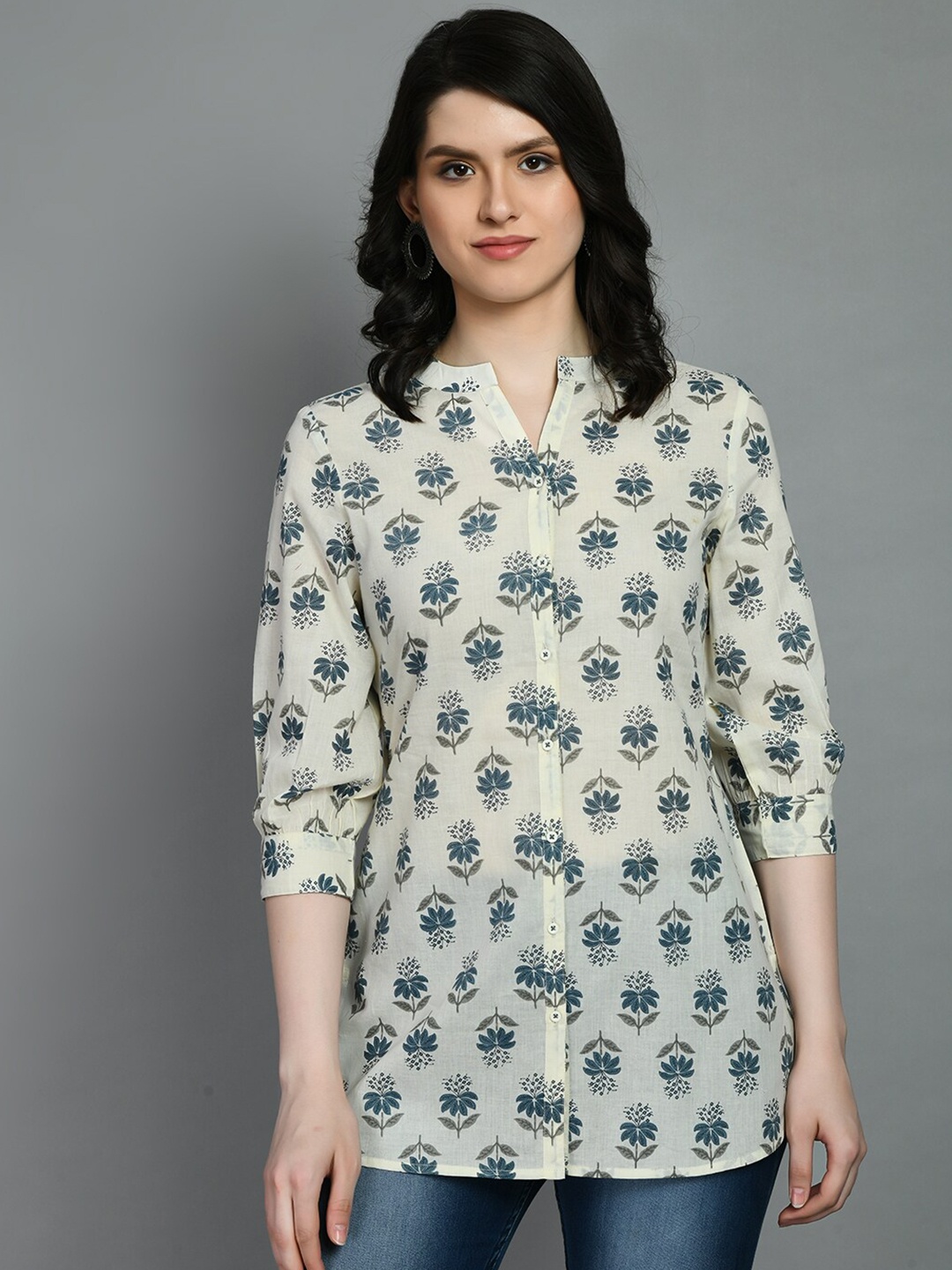

MEESAN Mandarin Collar Ethnic Printed Cotton Kurti, Cream