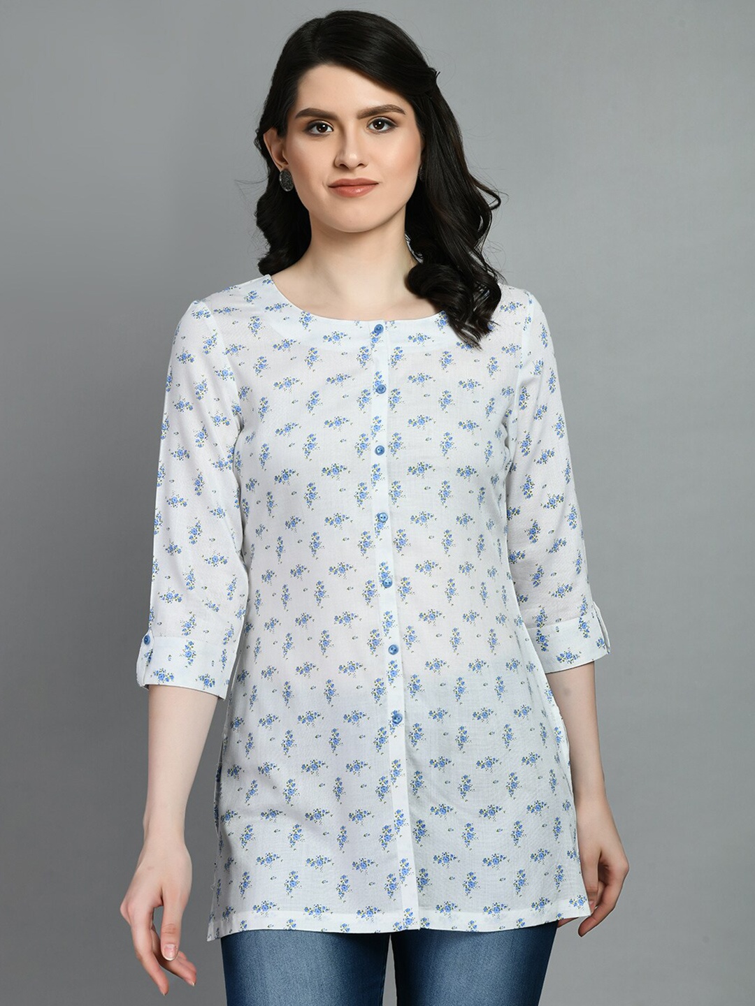 

MEESAN Floral Printed Kurti, White
