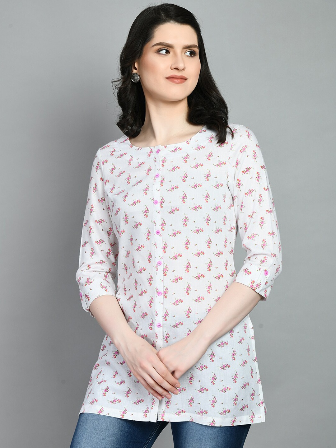 

MEESAN Floral Printed Kurti, White