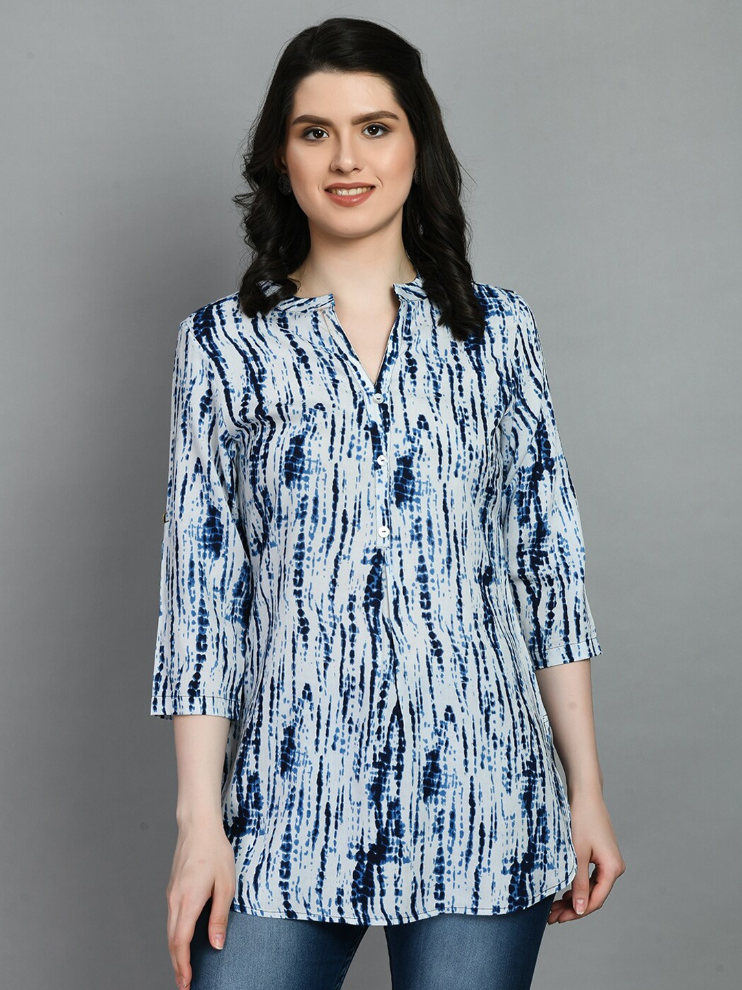 

MEESAN Mandarin Collar Printed Tunic, Blue