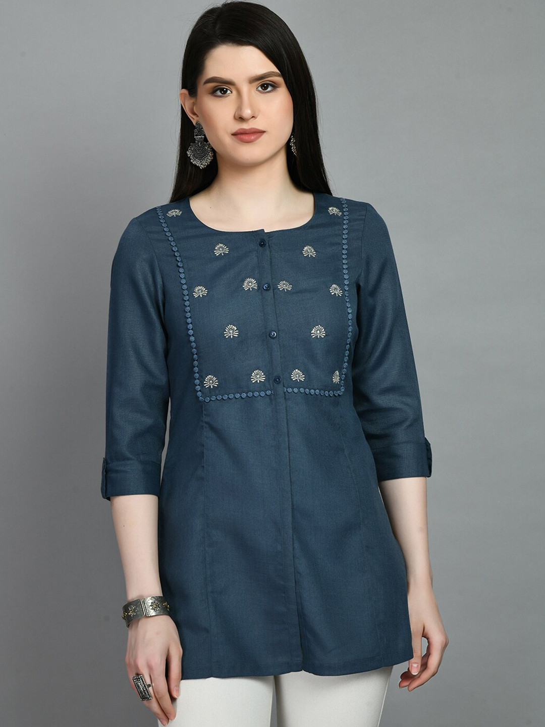

MEESAN Yoke Design Embroidered Cotton Kurti, Blue