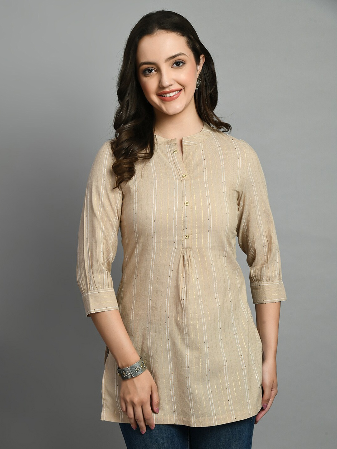 

MEESAN Striped Mandarin Collar Cotton Kurti, Beige