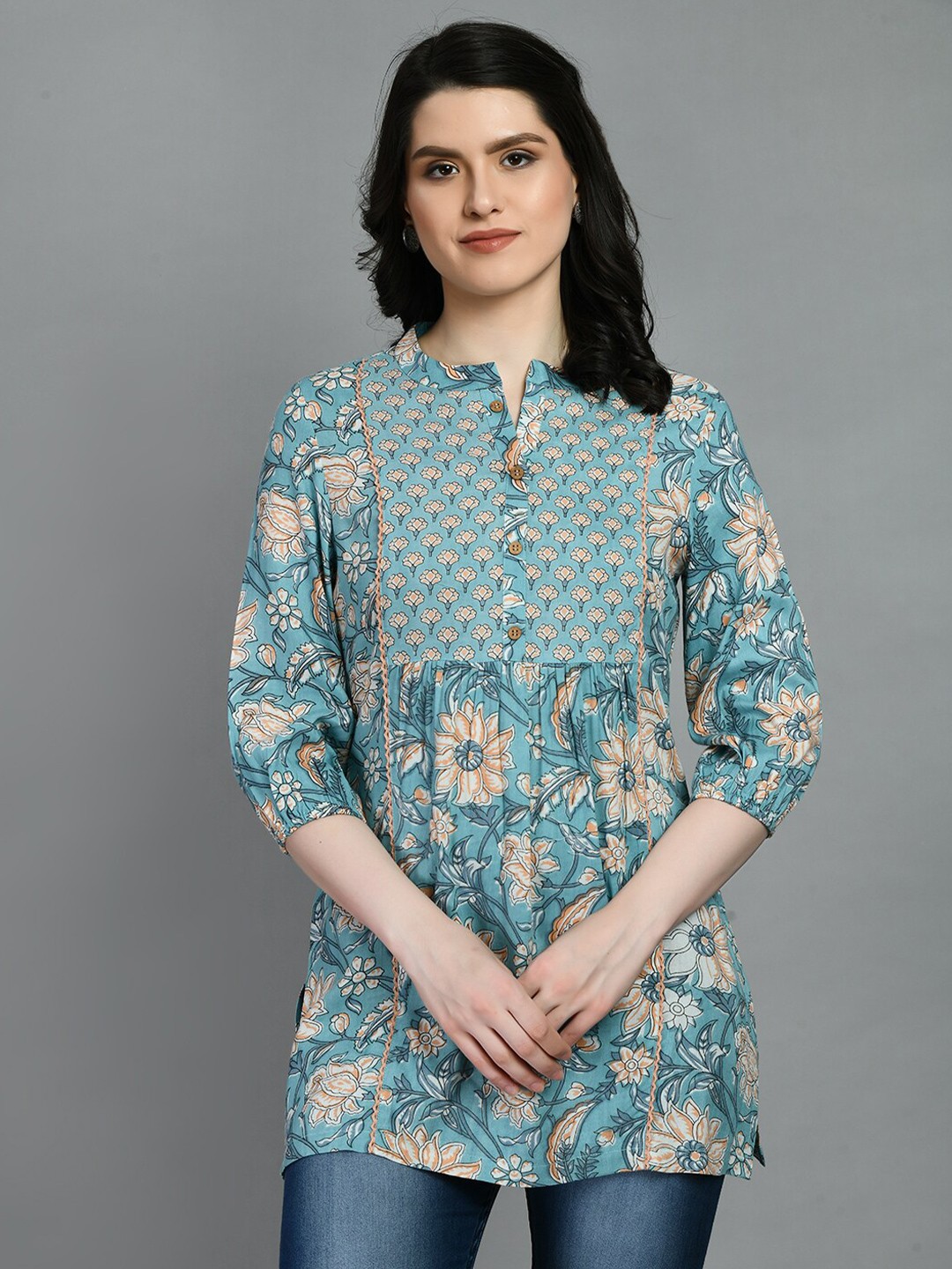 

MEESAN Mandarin Collar Floral Printed Kurti, Blue