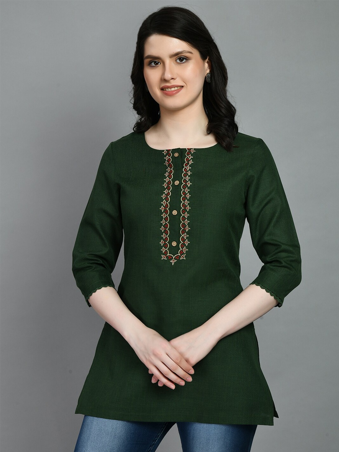 

MEESAN Yoke Design Embroidered Cotton Tunic, Green