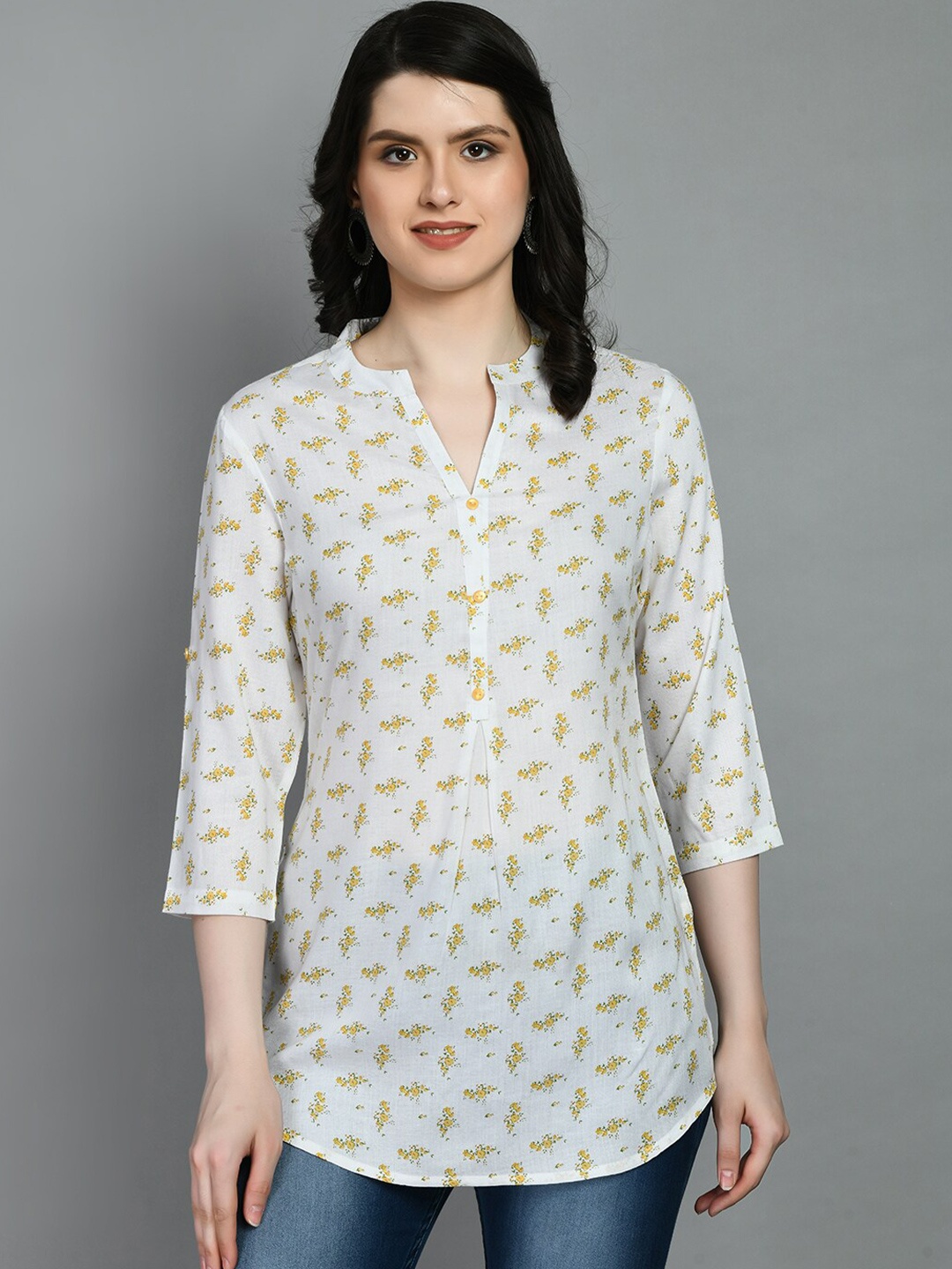

MEESAN Mandarin Collar Floral Printed Kurti, White