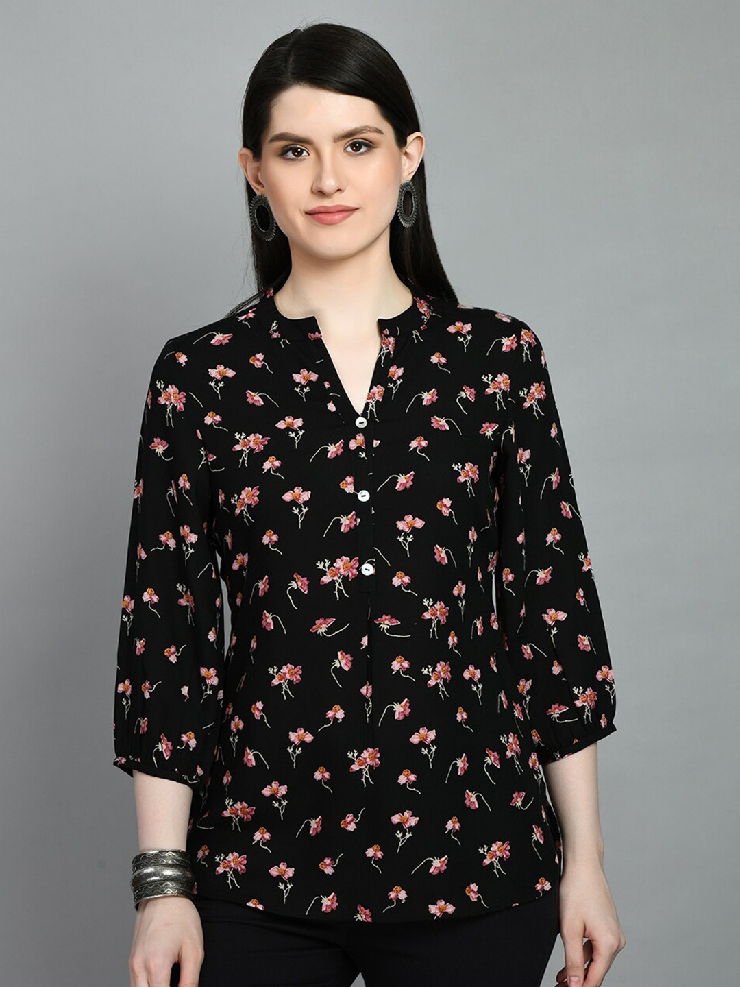

MEESAN Mandarin Collar Floral Printed Kurti, Black