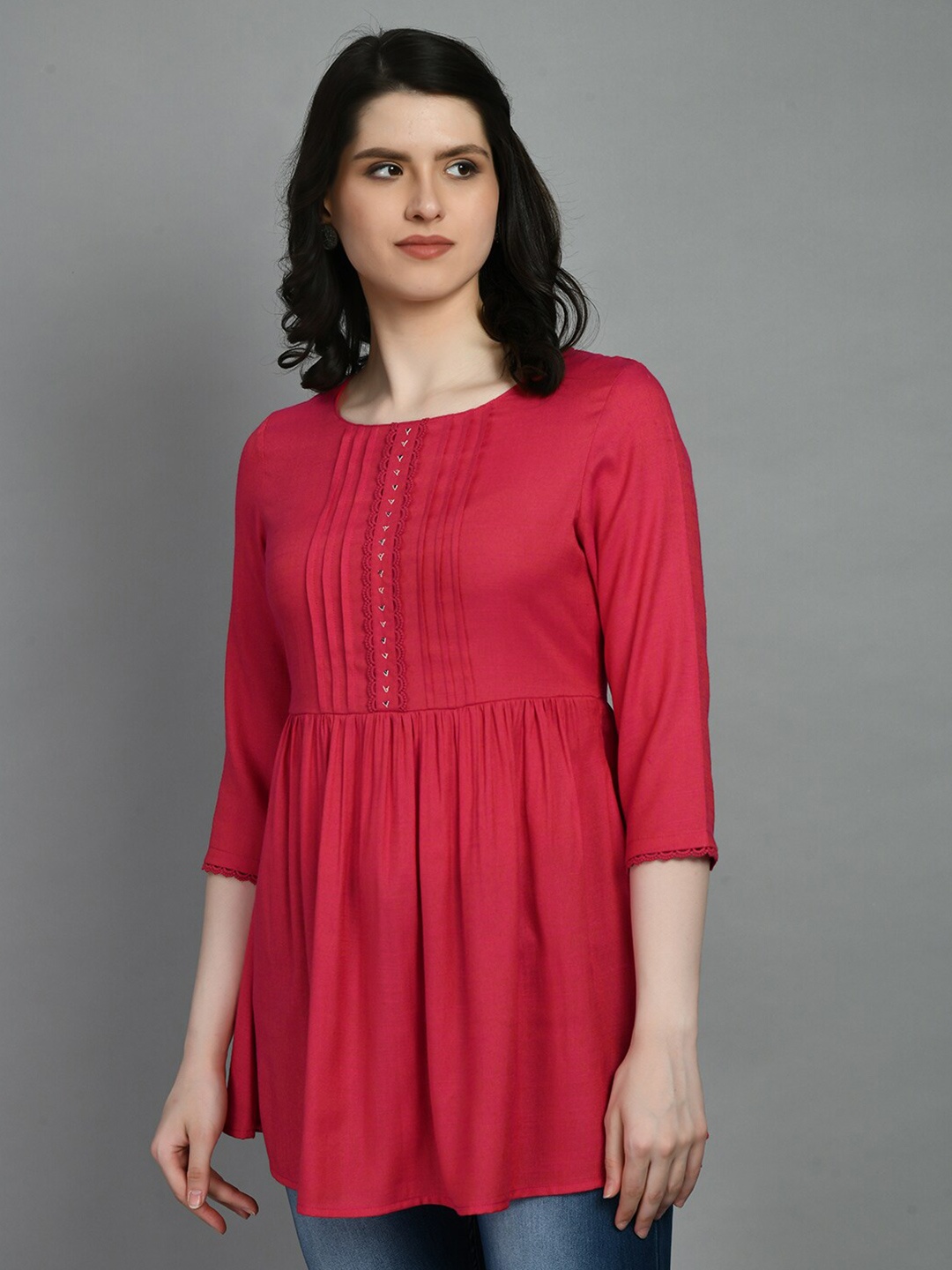 

MEESAN Gathers Embroidered Cotton Tunic, Red